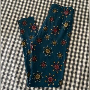 LuLaRoe Teal Leggings with Rust and Yellow Geo Motif